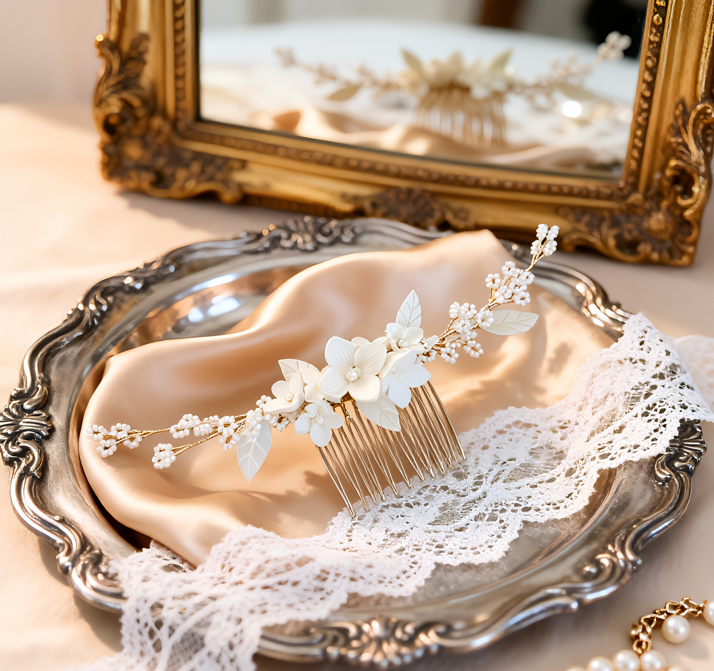 NINA | Handmade Ceramic Flower Beaded Bridal Hair Comb