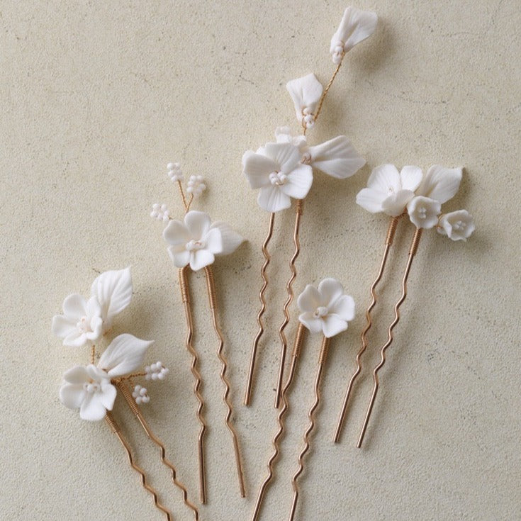 Set of 6 Delicate Pearl and Porcelain Floral Bridal Hairpin