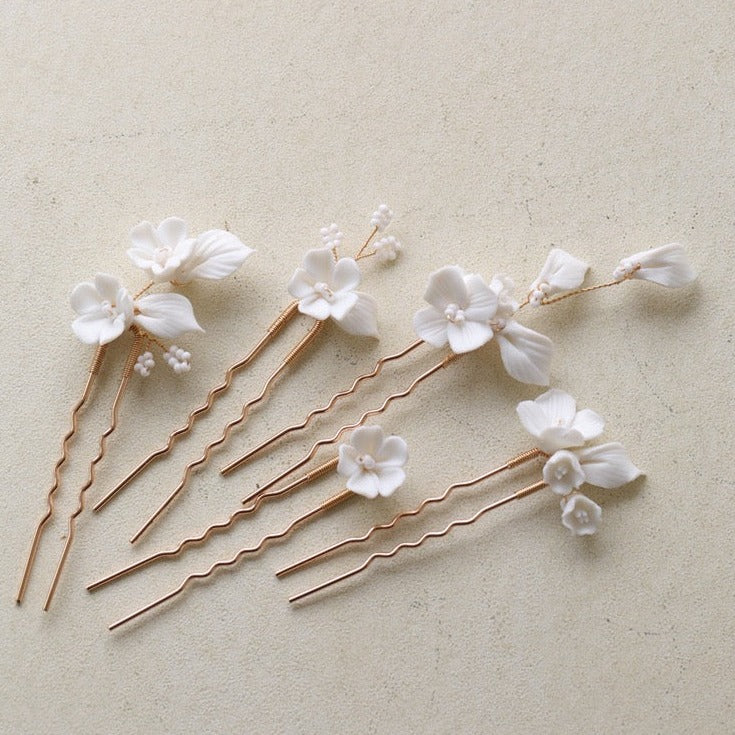 Set of 6 Delicate Pearl and Porcelain Floral Bridal Hairpin