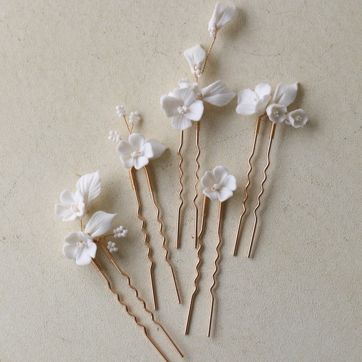 Set of 6 Delicate Pearl and Porcelain Floral Bridal Hairpin