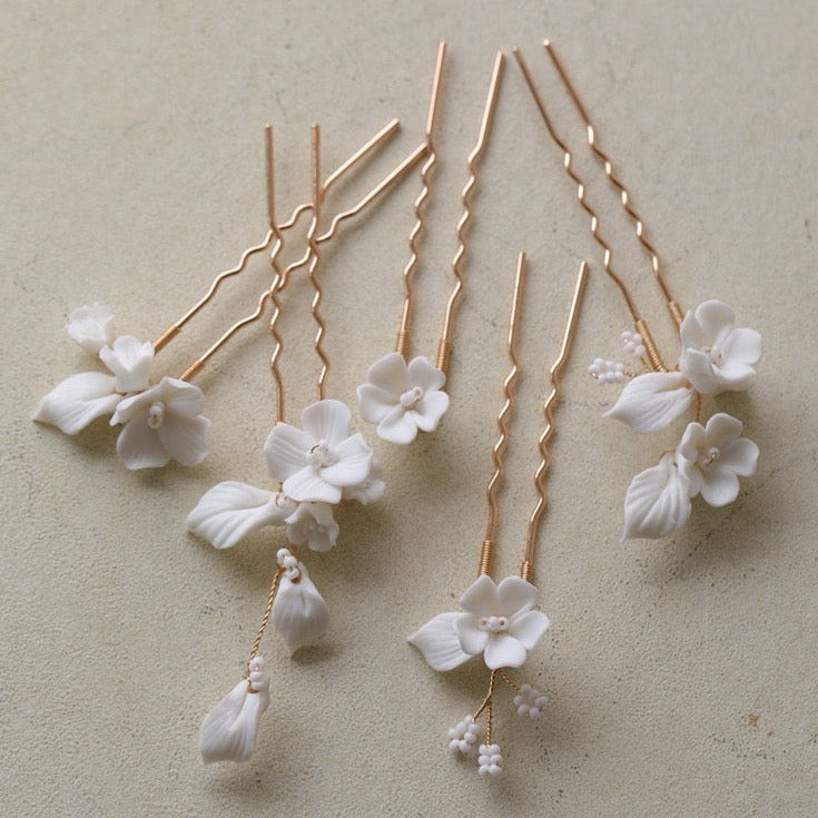 Set of 6 Delicate Pearl and Porcelain Floral Bridal Hairpin