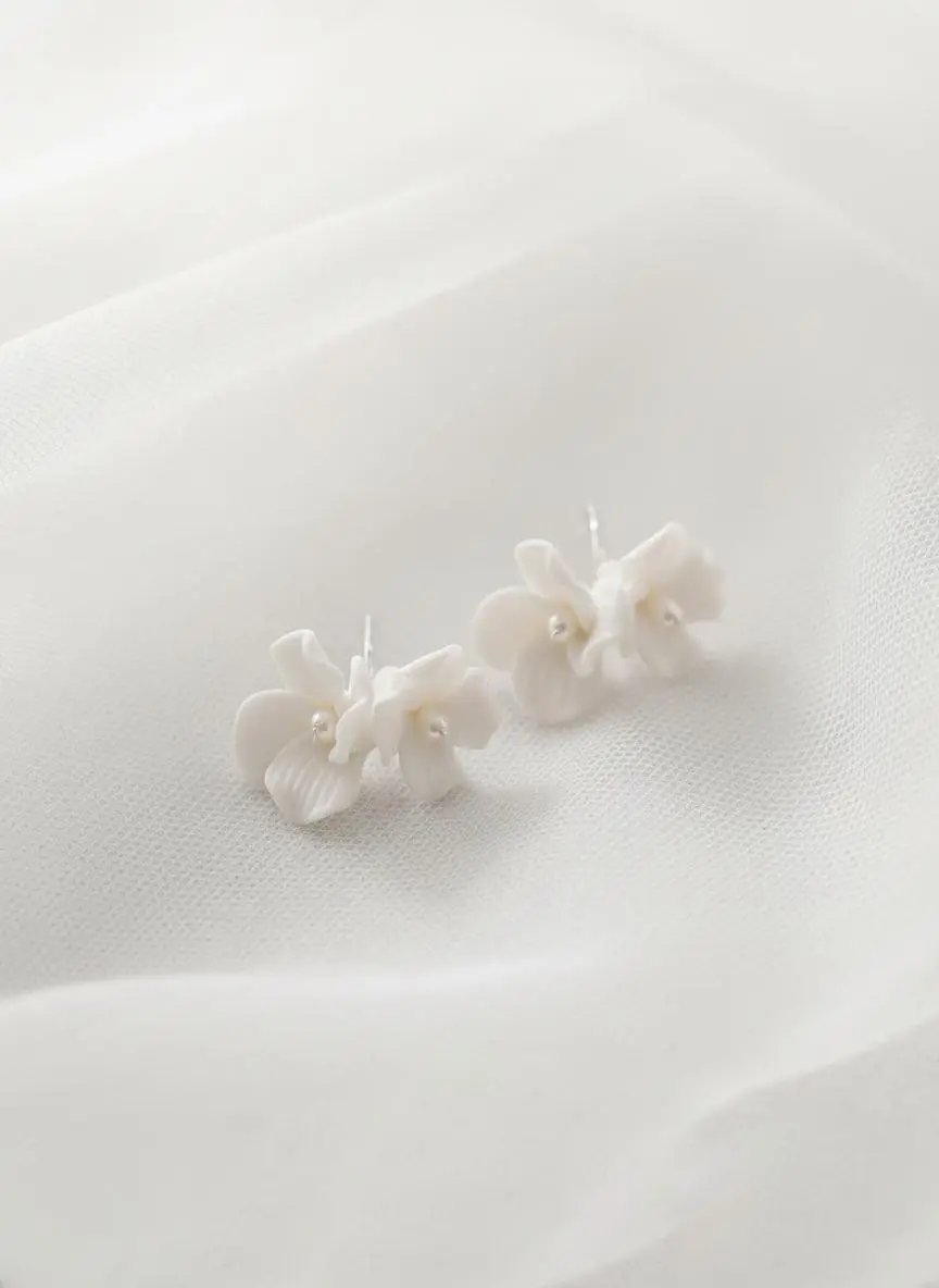 White ceramic flower stud earrings with gold detailing for brides, 4cm lightweight hypoallergenic wedding earrings