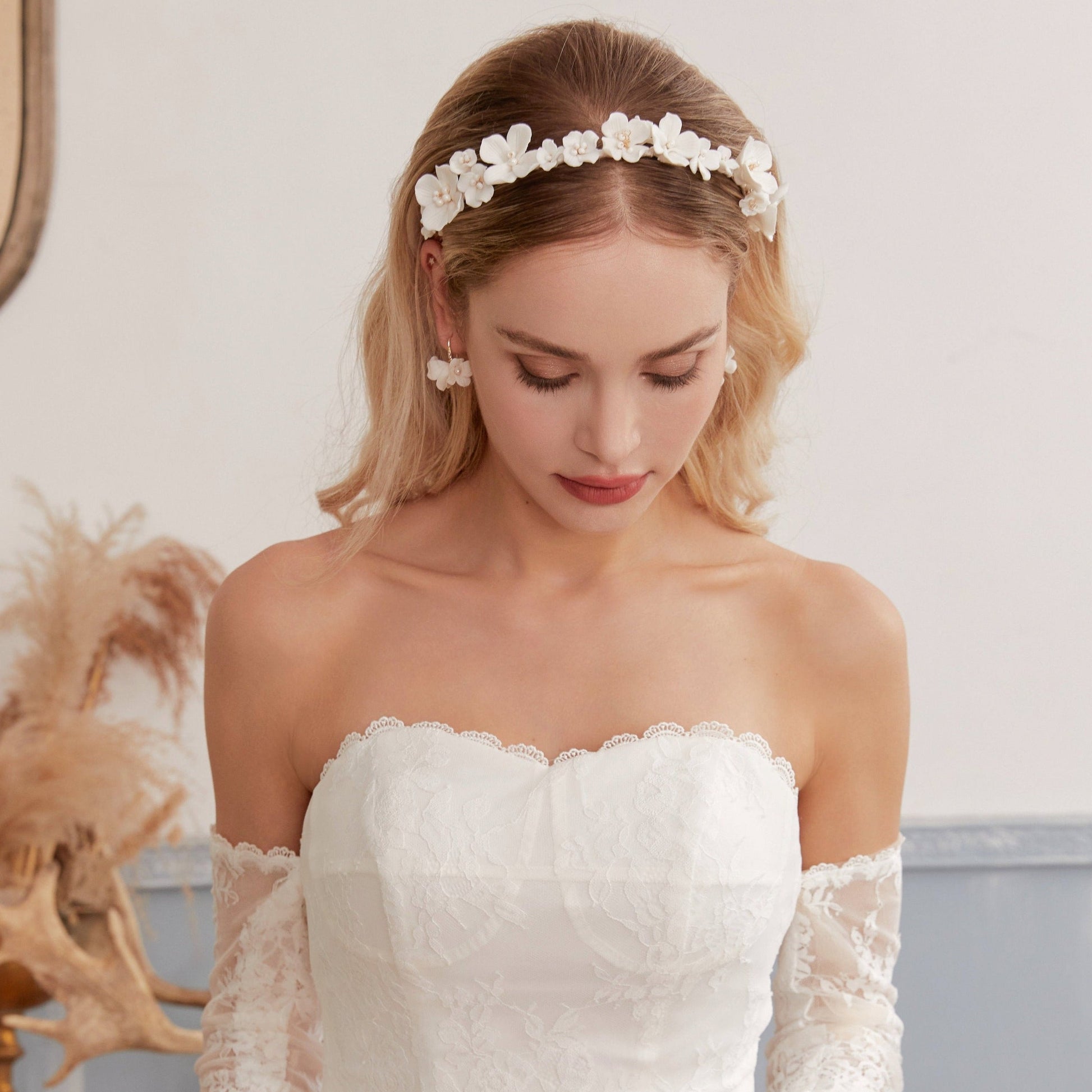 White Delicate Porcelain Floral Bridal Headband
