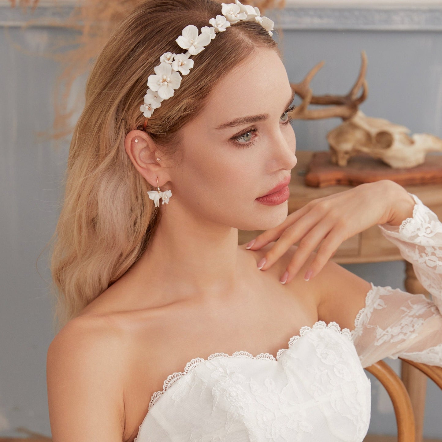 White Delicate Porcelain Floral Bridal Headband