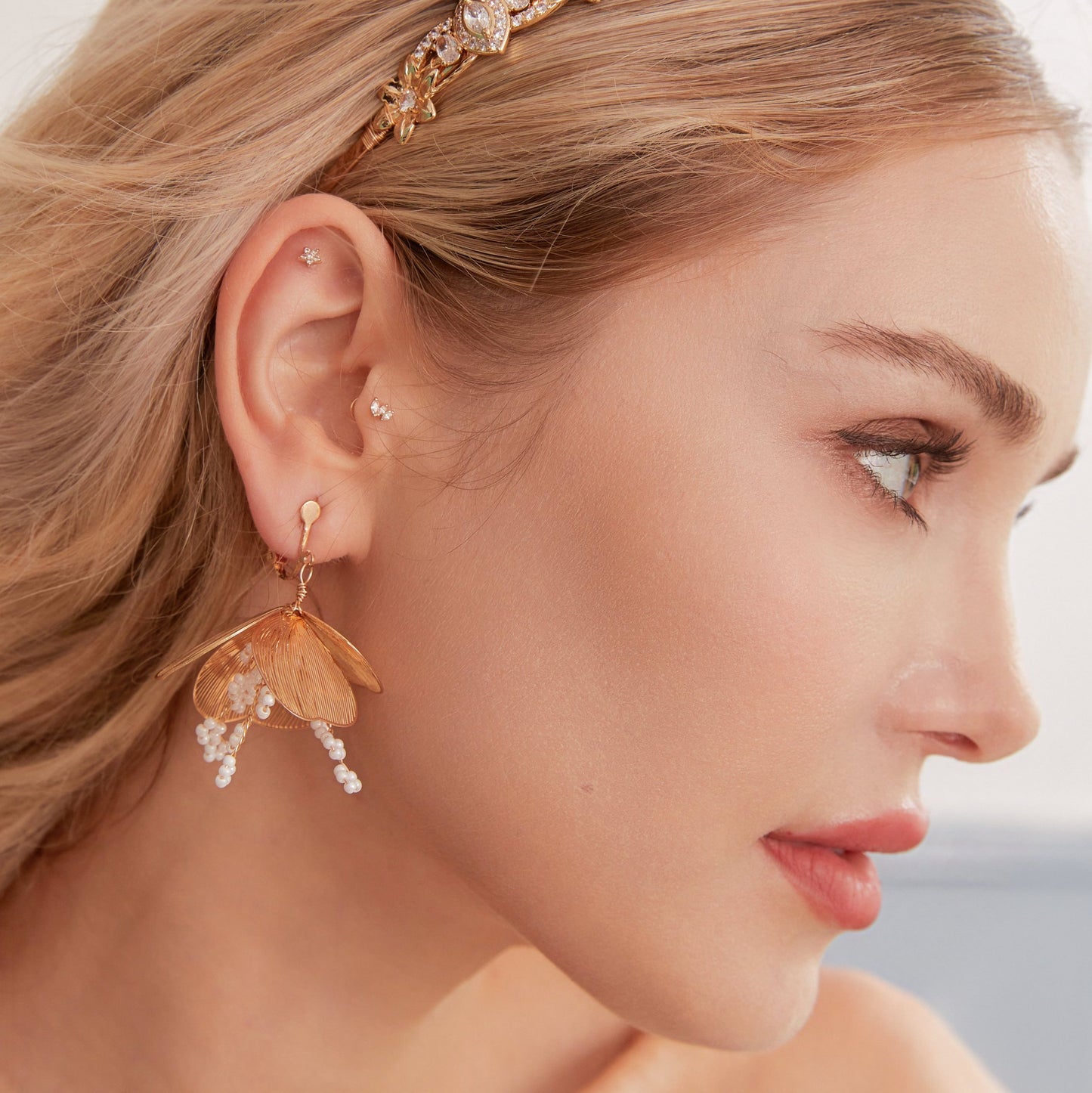 BELLA | Statement Gold Floral Bridal Dangle Earrings