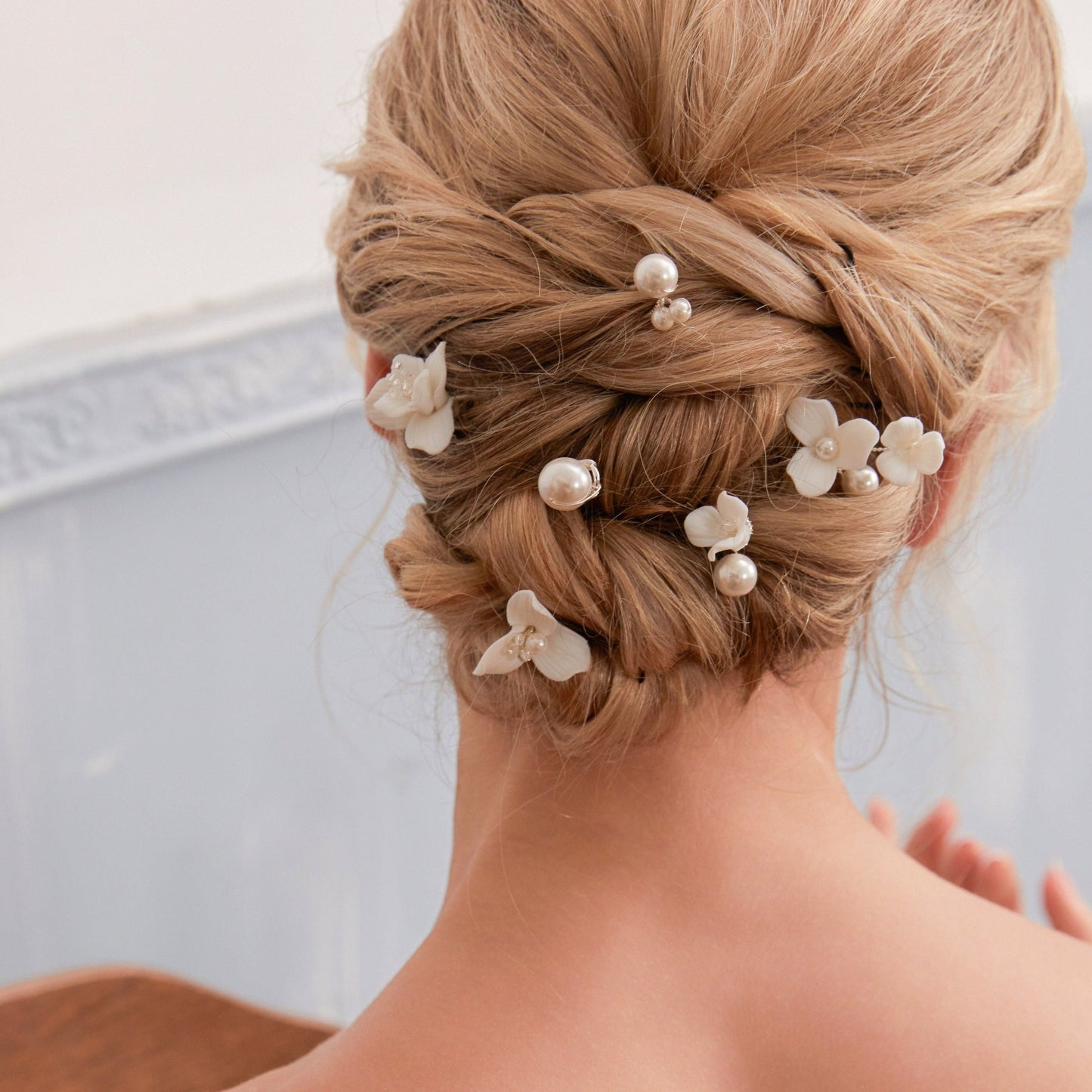 Set of 6 Delicate Pearl and Porcelain Floral Bridal Hairpin