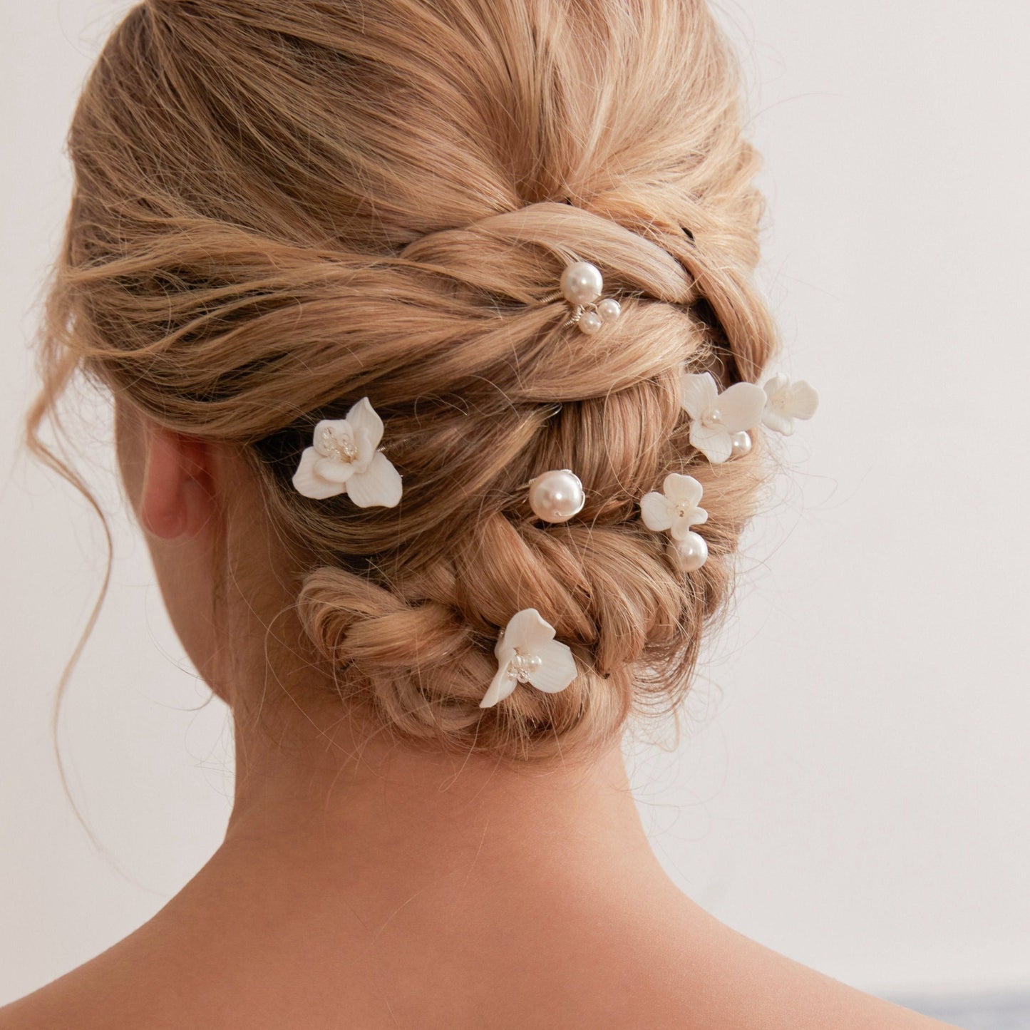 Set of 6 Delicate Pearl and Porcelain Floral Bridal Hairpin