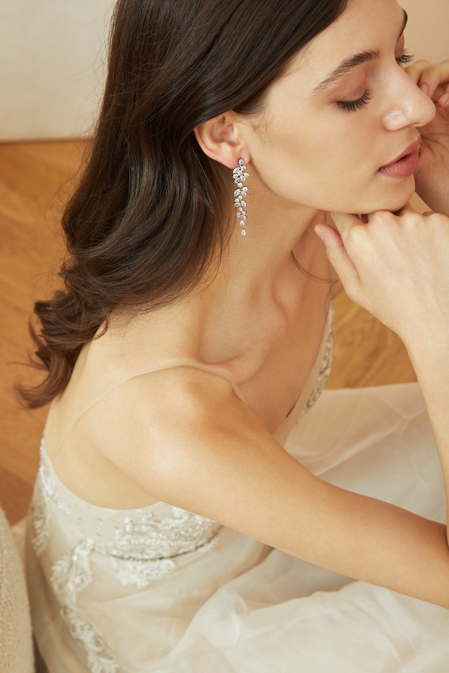 Long Dainty Crystal Bridal Earrings.