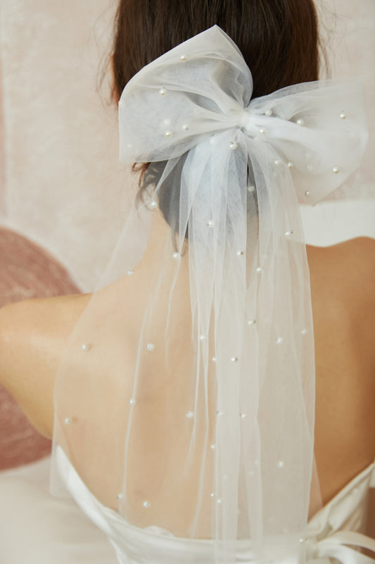 Tulle Pearl Bridal Hair Bow.