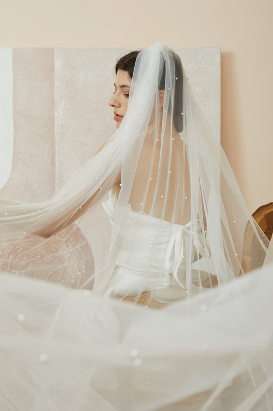 Tulle Long Bridal Veil with Pearls.