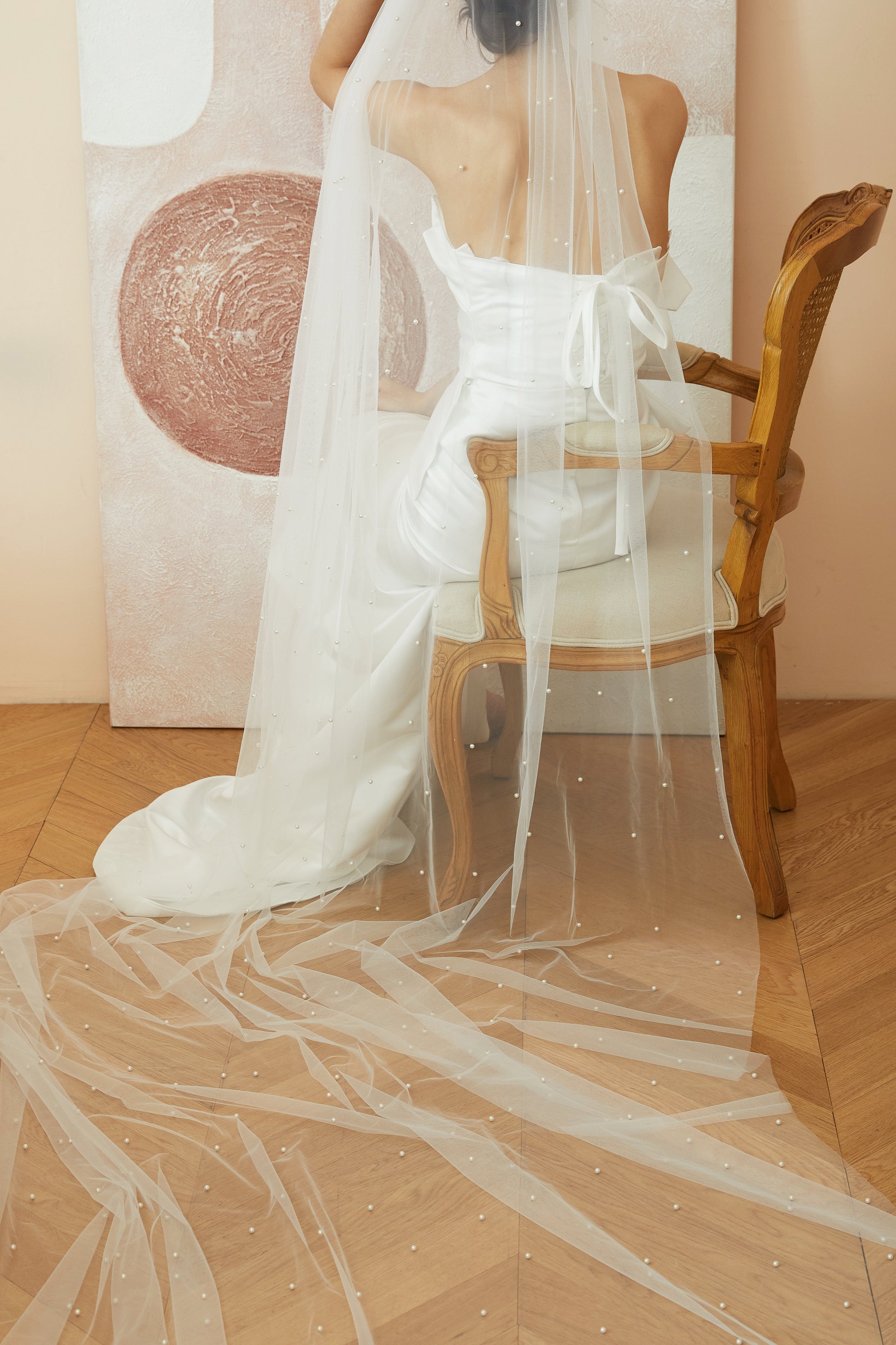 Tulle Long Bridal Veil with Pearls.