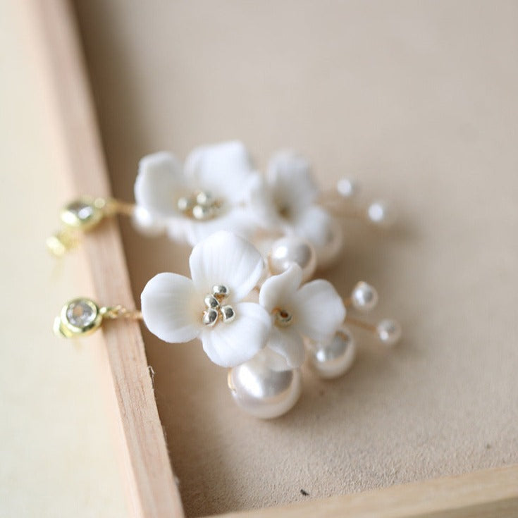 Set of 6 Delicate Pearl and Porcelain Floral Bridal Hairpin