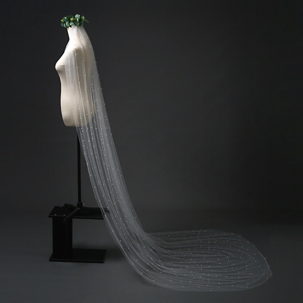 Tulle Long Bridal Veil with Pearls.