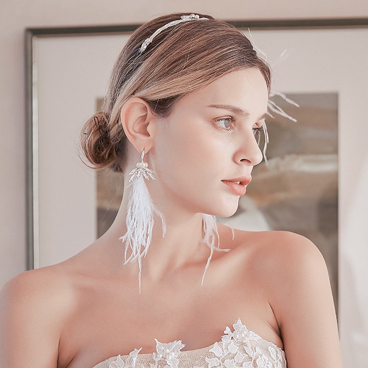 Bridal Handmade Feather Headband Headpiece with Earrings.