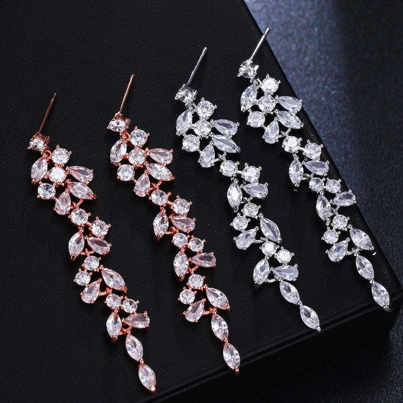 Long Dainty Crystal Bridal Earrings.