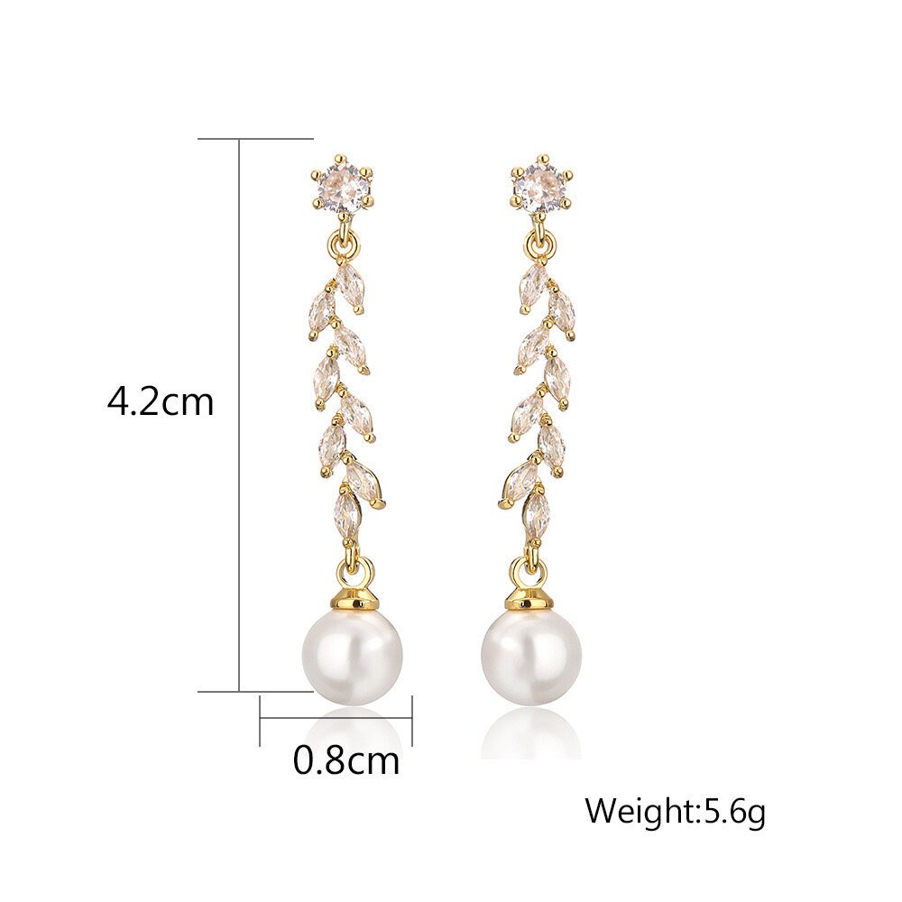 Long Leaf Crystal and Pearl Bridal Earrings.