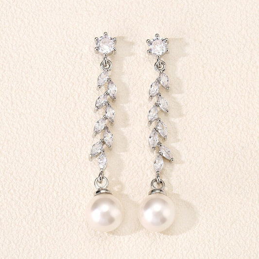 Long Leaf Crystal and Pearl Bridal Earrings.