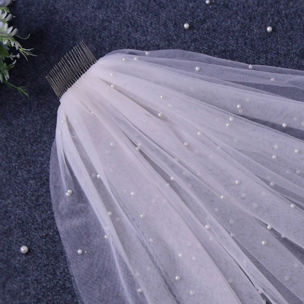 Pearl Veil for Bachelorette Party, Tulle Bridal Veil with Pearls, Wedding Accessory, White Ivory Bridal Hair Vine, Wedding Hairpiece UK