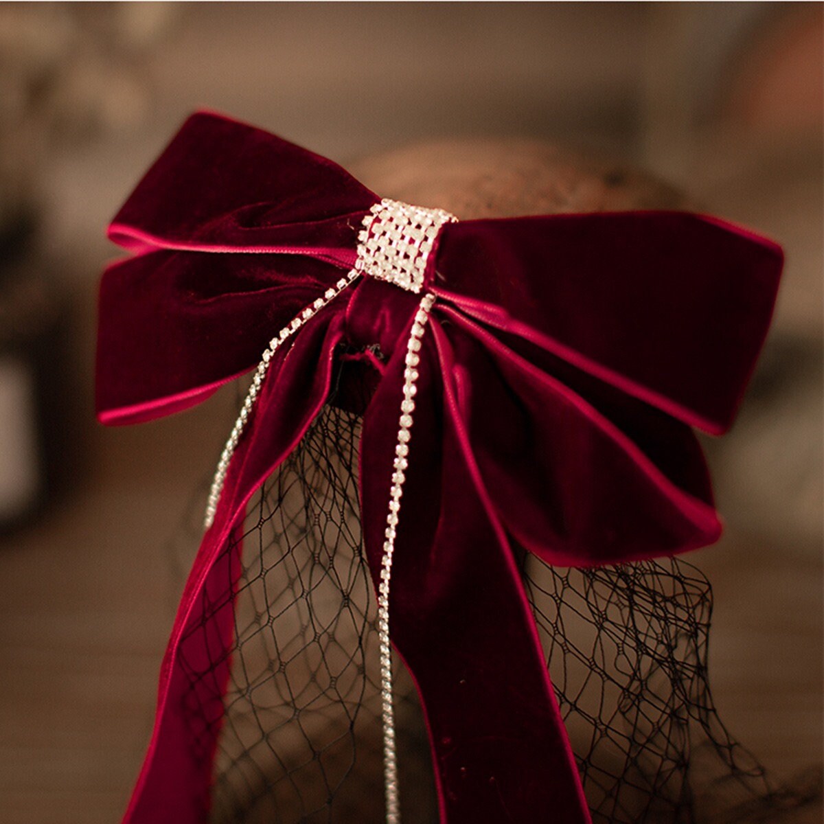 Long Velvet Bow Hair Clip with a Black Veil.