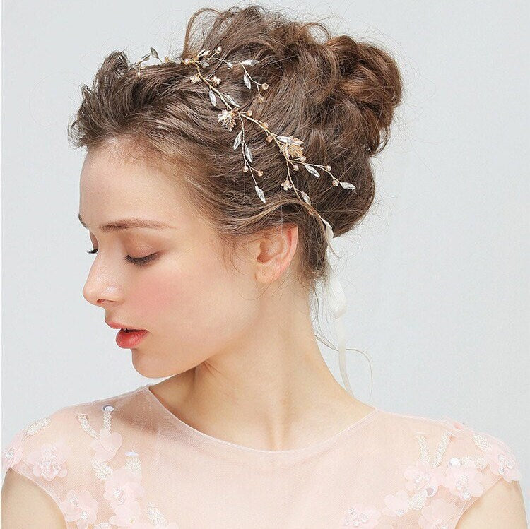 Handmade Gold Leaf Bridal Headband, Headpiece for Women, Wedding Bridal Bridesmaid Hair Accessories UK, Bridal Hair Vine, Hair Jewellery