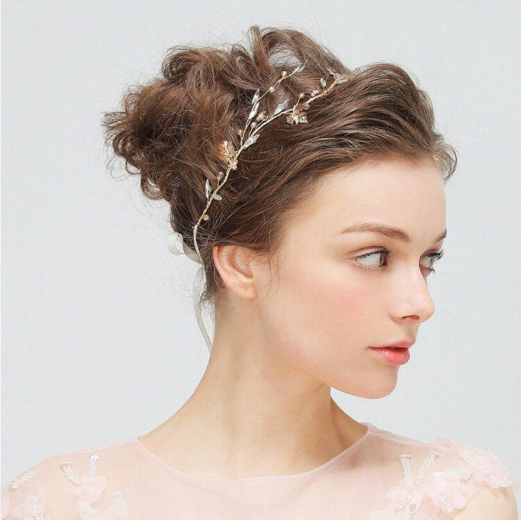 Handmade Gold Leaf Bridal Headband, Headpiece for Women, Wedding Bridal Bridesmaid Hair Accessories UK, Bridal Hair Vine, Hair Jewellery