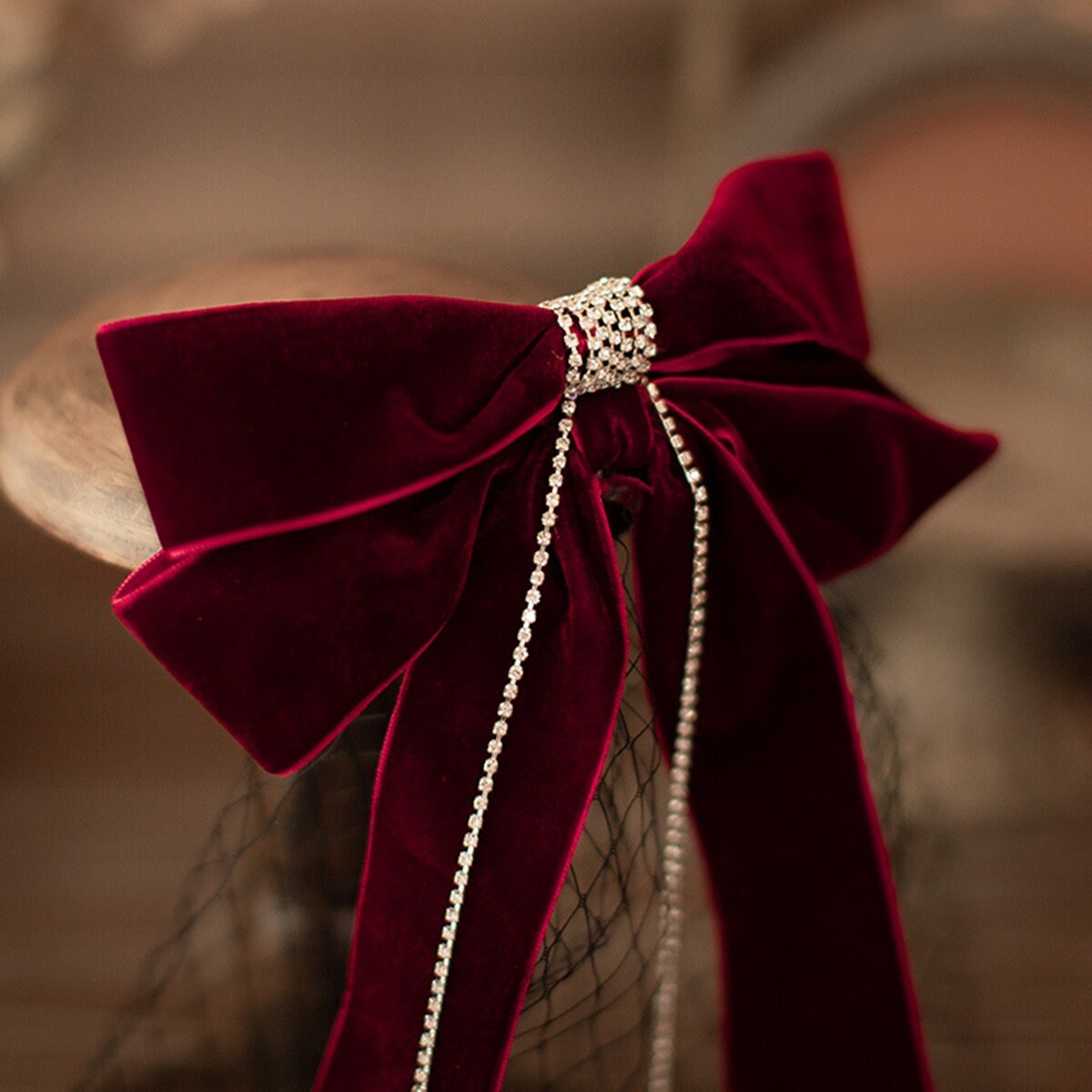 Long Velvet Bow Hair Clip with a Black Veil.