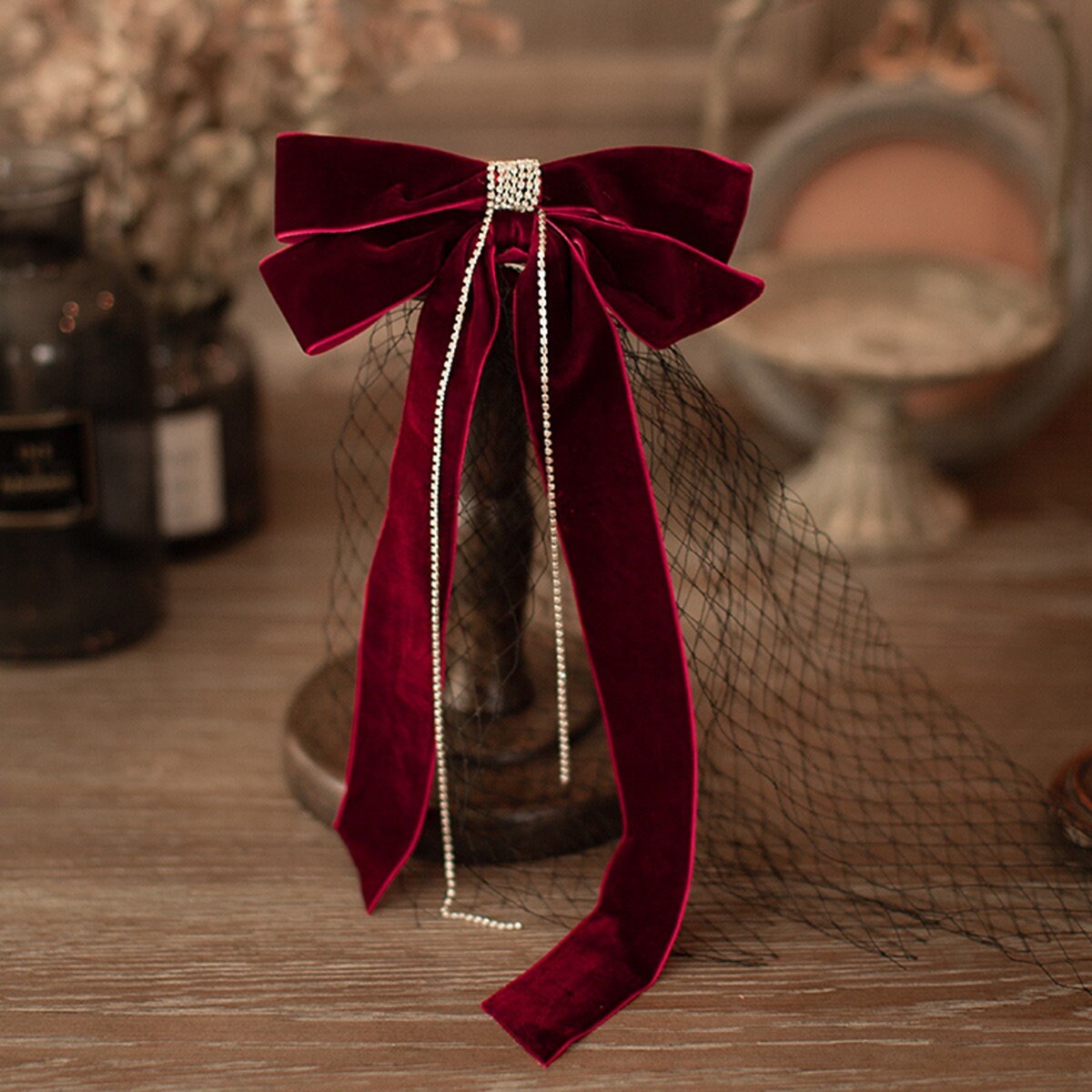 Long Velvet Bow Hair Clip with a Black Veil.