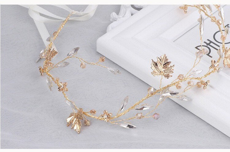 Handmade Gold Leaf Bridal Headband, Headpiece for Women, Wedding Bridal Bridesmaid Hair Accessories UK, Bridal Hair Vine, Hair Jewellery