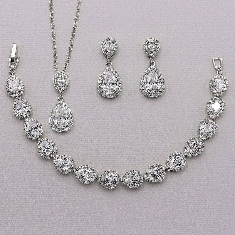 Silver Tear Drop Bridal Jewellery Set Wedding Earring Necklace Bracelet.