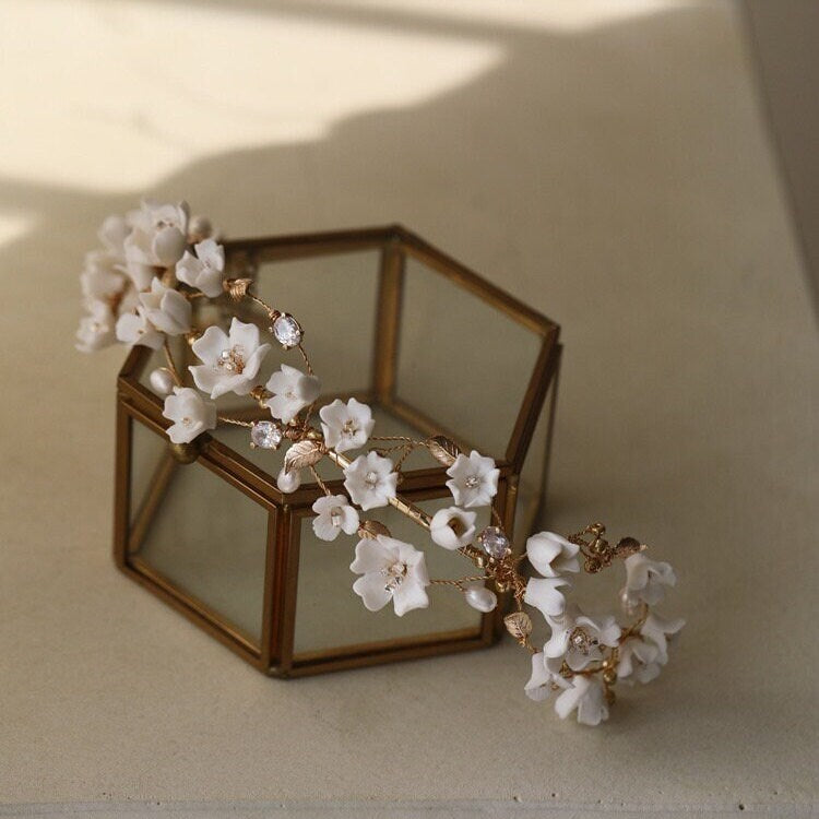Delicate Porcelain Floral Bridal Headband with Pearls and Crystals
