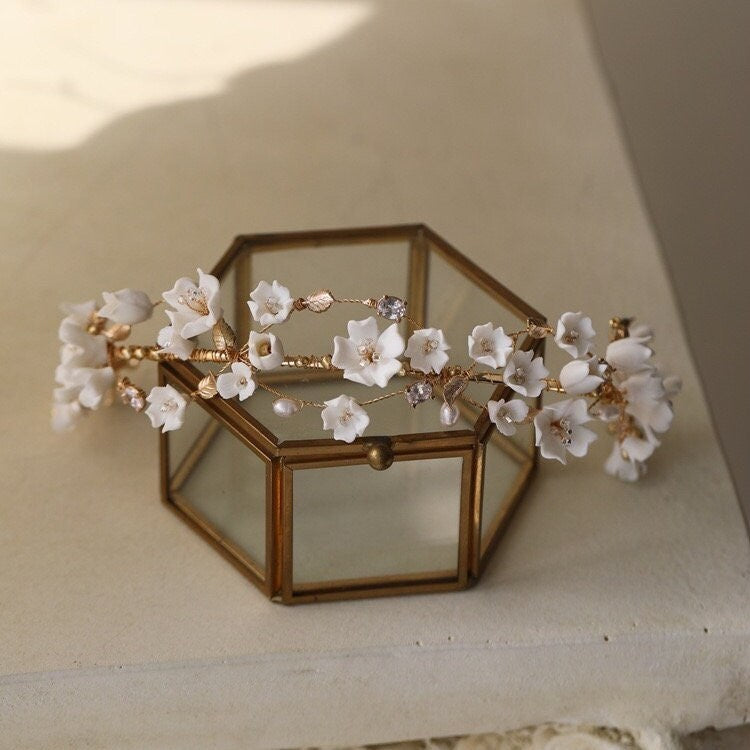 Delicate Porcelain Floral Bridal Headband with Pearls and Crystals