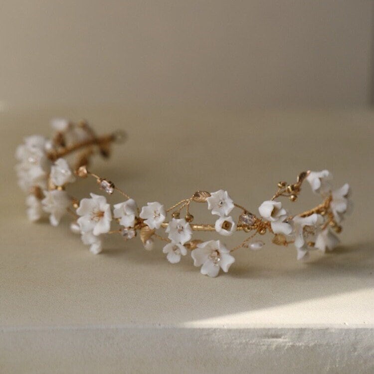Delicate Porcelain Floral Bridal Headband with Pearls and Crystals