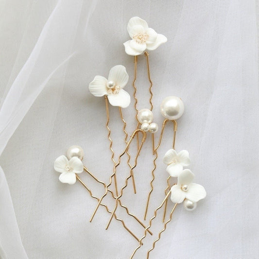 Set aus 6 Braut-Haarnadeln mit Blumenmuster aus zarten Perlen und Porzellan