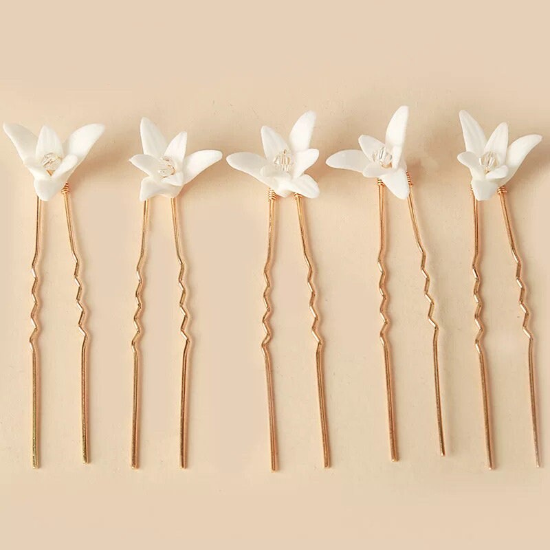 White Porcelain Flower Wedding Hair Pins