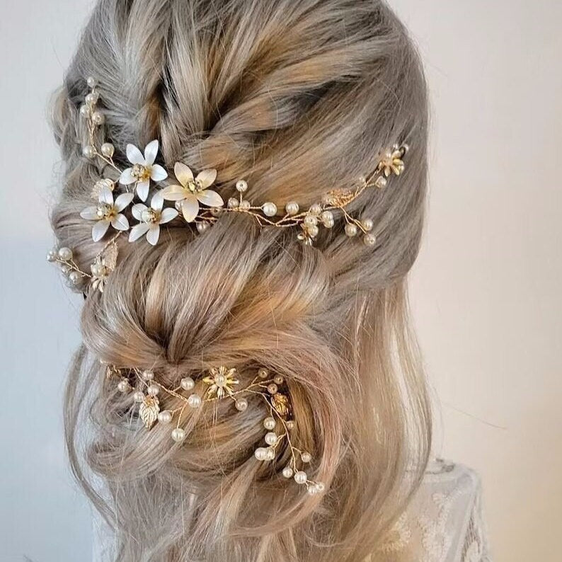 Pearl, Leaf and Crystal Wedding Bridal Hair Vine