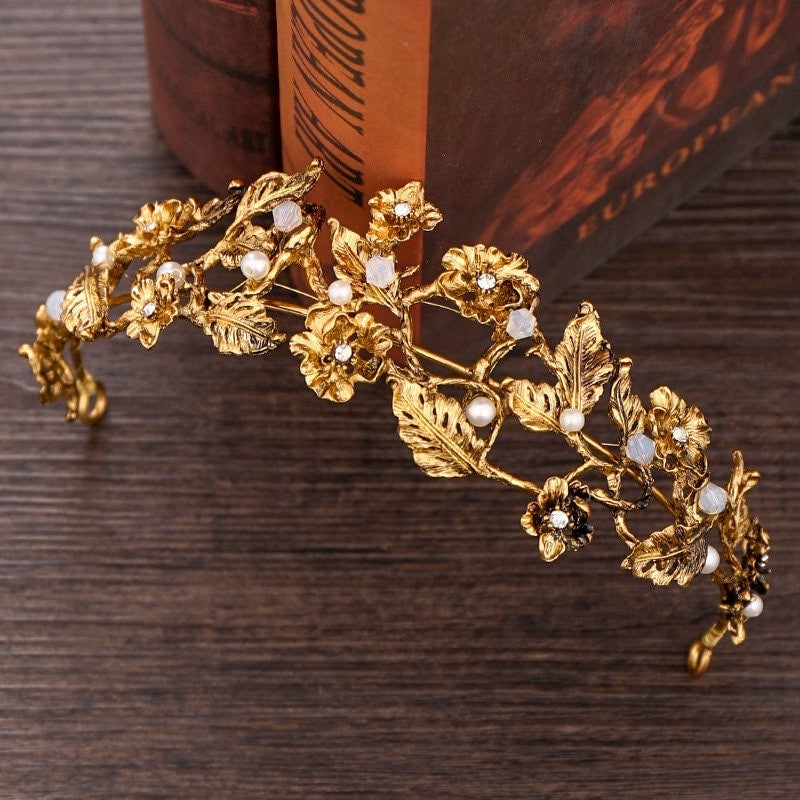 Gold Vintage Floral Pearl Wedding Tiara