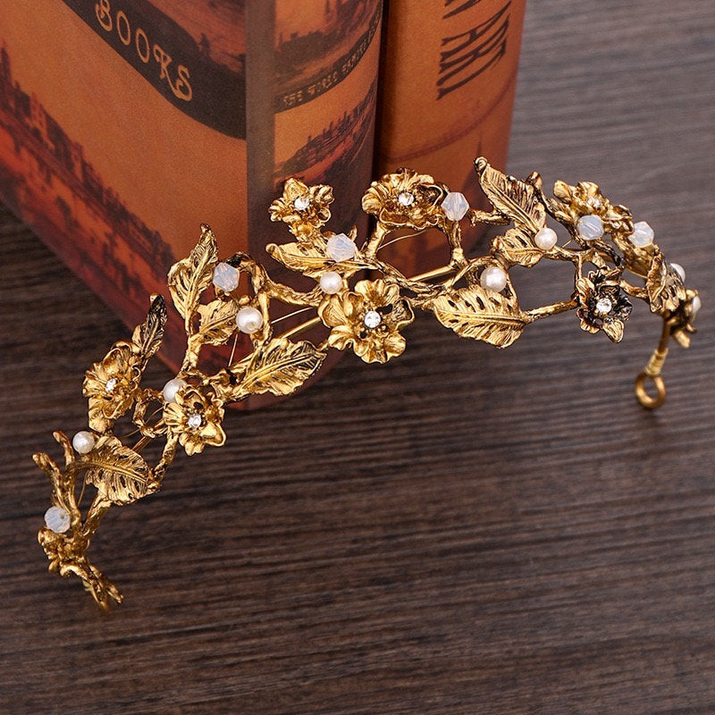 Gold Vintage Floral Pearl Wedding Tiara
