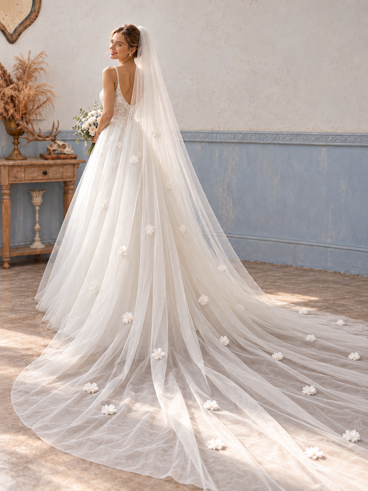 Bride wearing a white 3D floral cathedral wedding veil with a 3 metre train