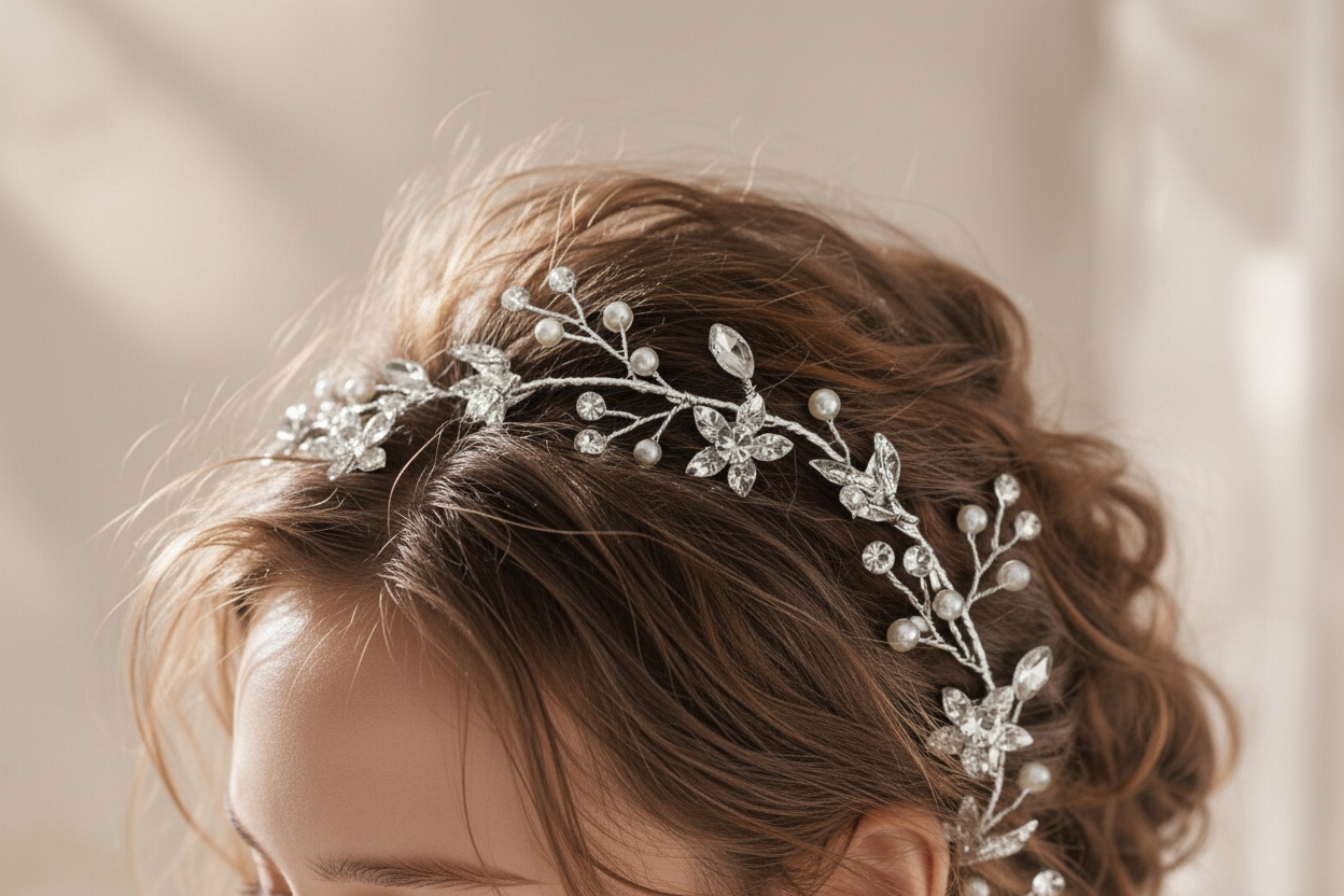 Close-up of pearl and crystal detailing on silver bridal hair vine headpiece