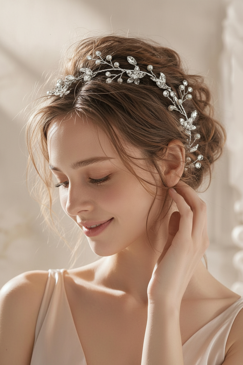 Bride wearing silver pearl crystal hair vine woven through elegant wedding updo hairstyle