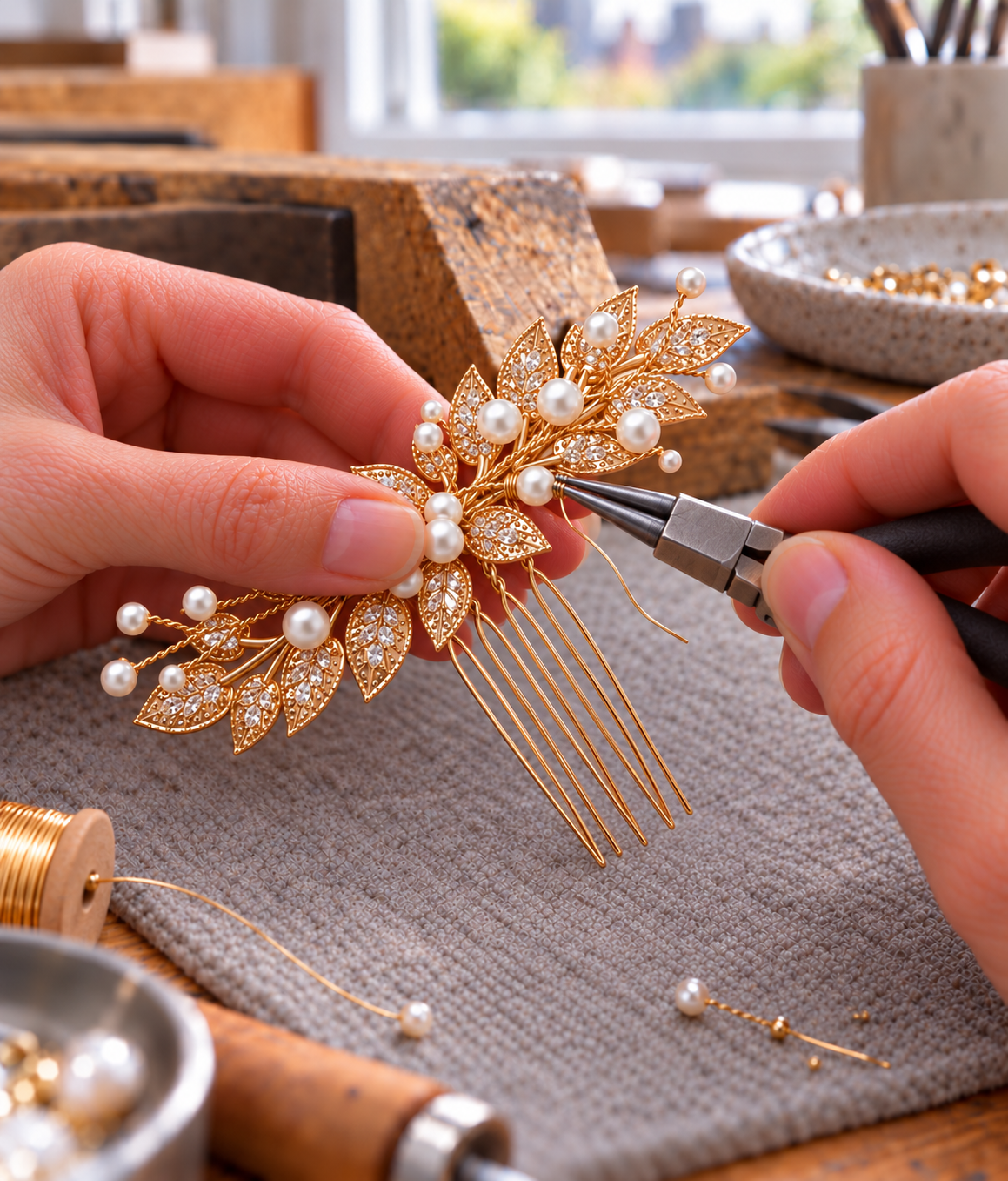 AI-generated making illustration showing hands working on a single gold leaf and white bead bridal hair comb