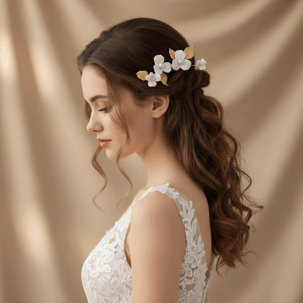 Bride wearing gold porcelain flower hair accessory in an elegant wedding updo