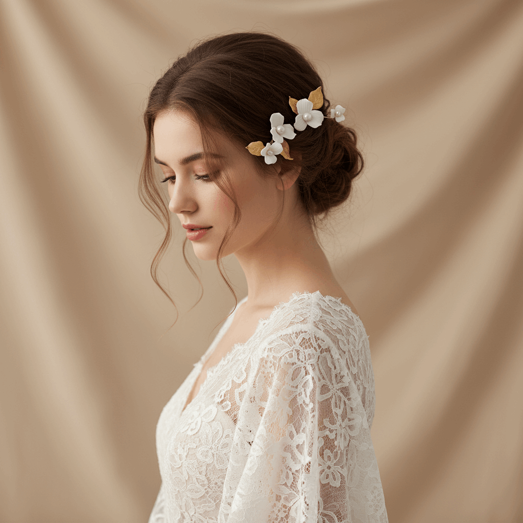Bride wearing gold porcelain flower hair accessory in an elegant wedding updo