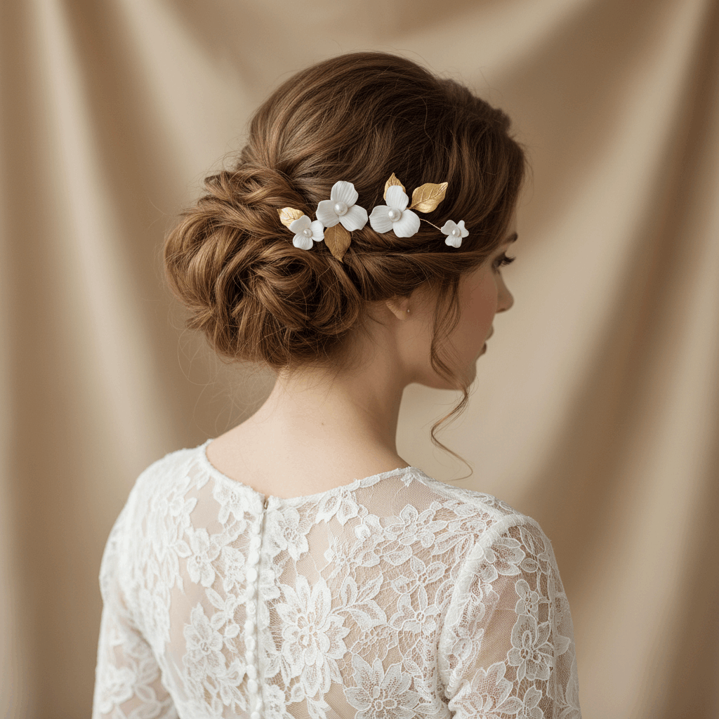 Bride wearing gold porcelain flower hair accessory in an elegant wedding updo
