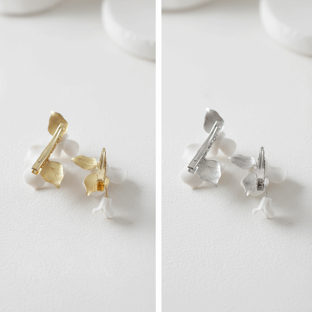 FLORA bridal hair set showing both gold and silver porcelain flower and leaf options