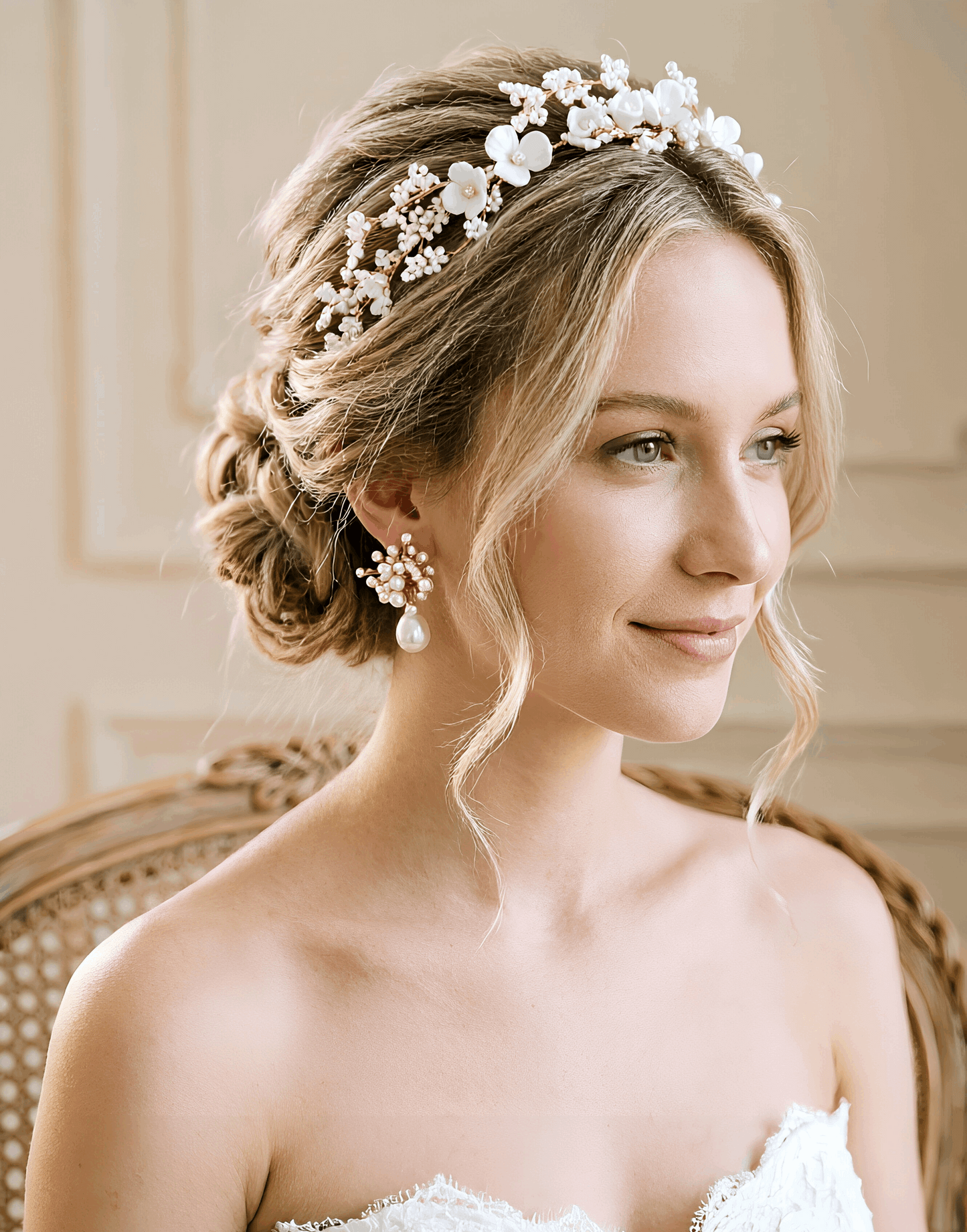 YINIW | Handmade Seed Bead Floral Bridal Headband with Pearl Firework Earrings Set
