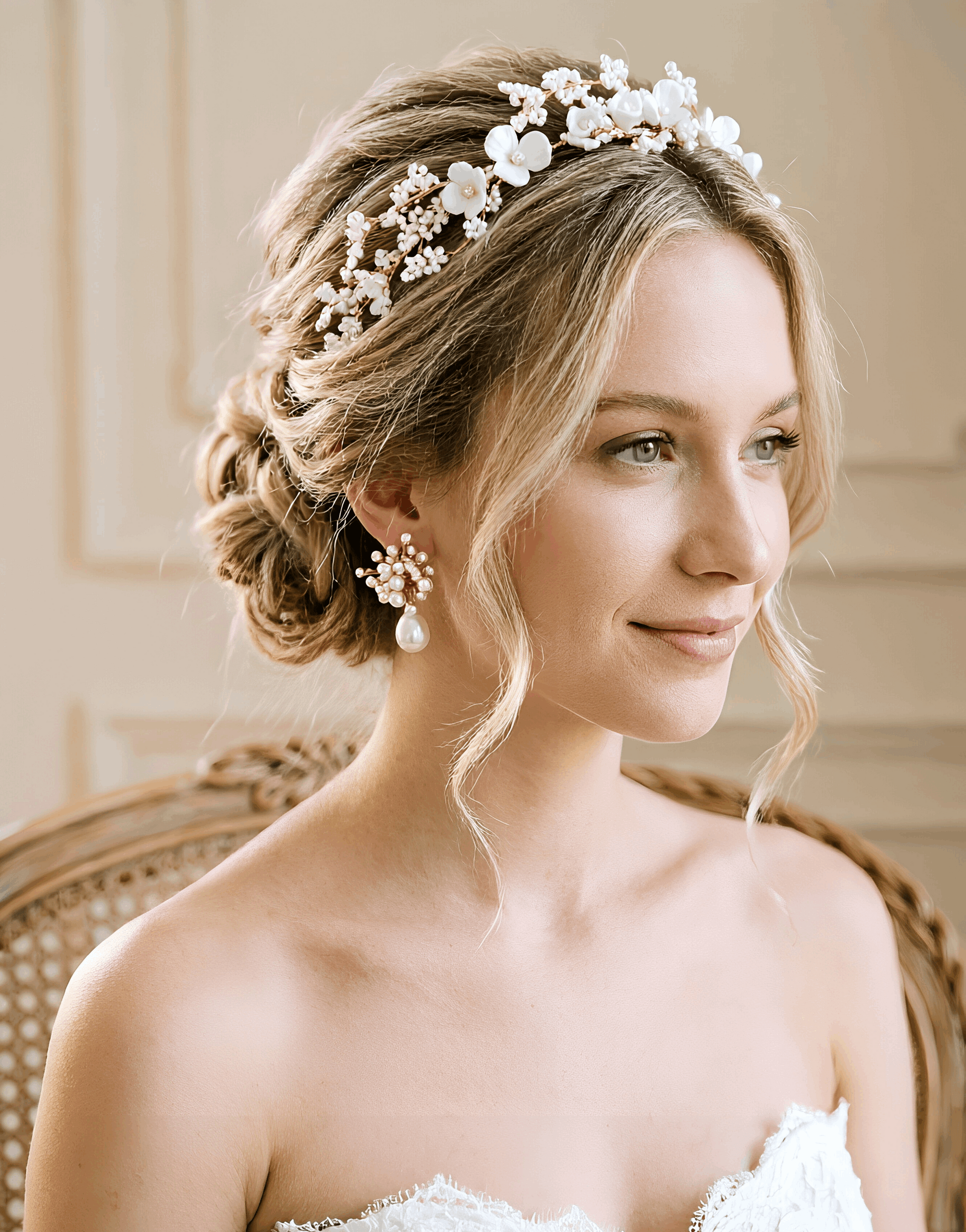YINIW | Handmade Seed Bead Floral Bridal Headband with Pearl Firework Earrings Set