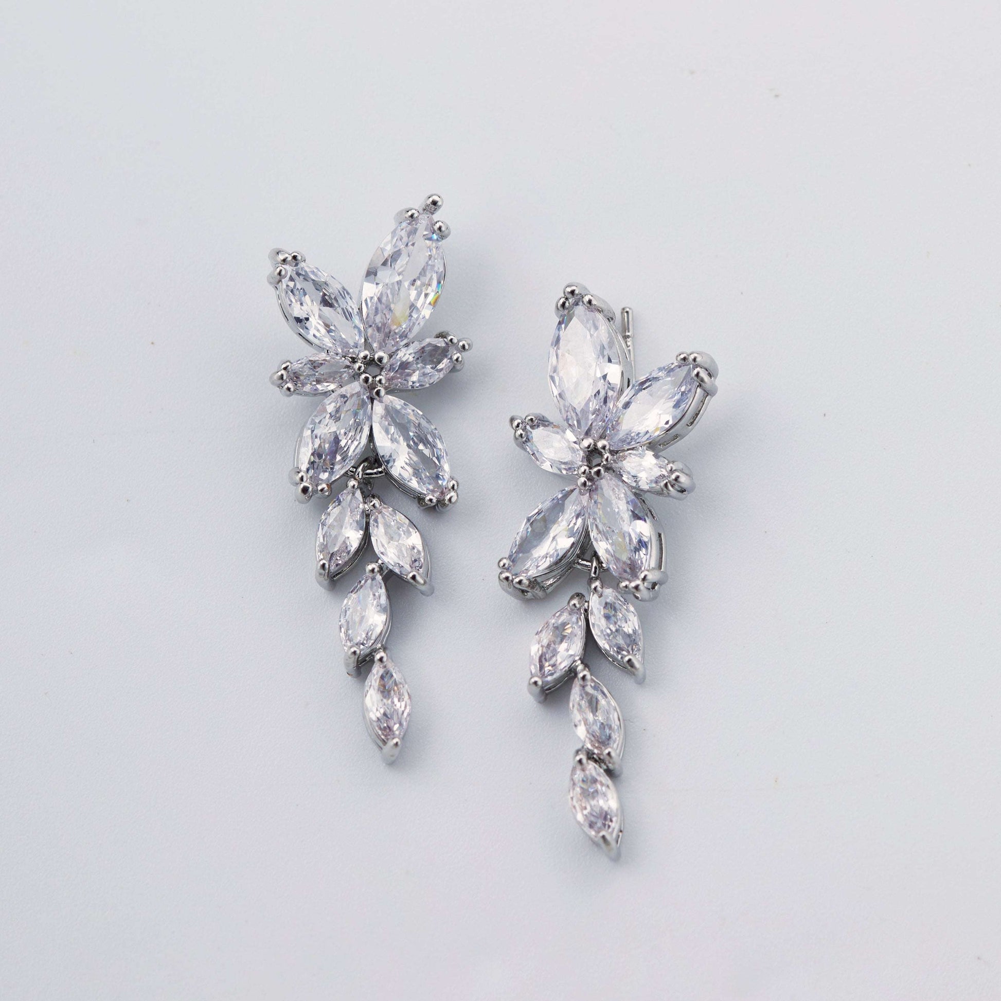 NORA Floral CZ Crystal Drop Earrings | Silver | Petal Design | Bridal Jewellery UK