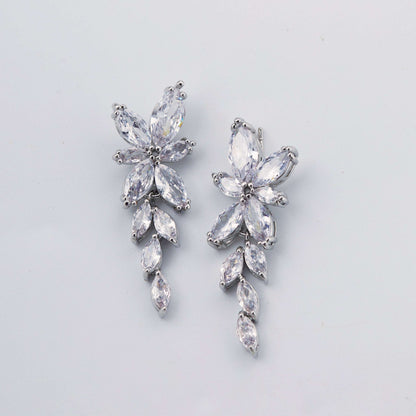 NORA Floral CZ Crystal Drop Earrings | Silver | Petal Design | Bridal Jewellery UK