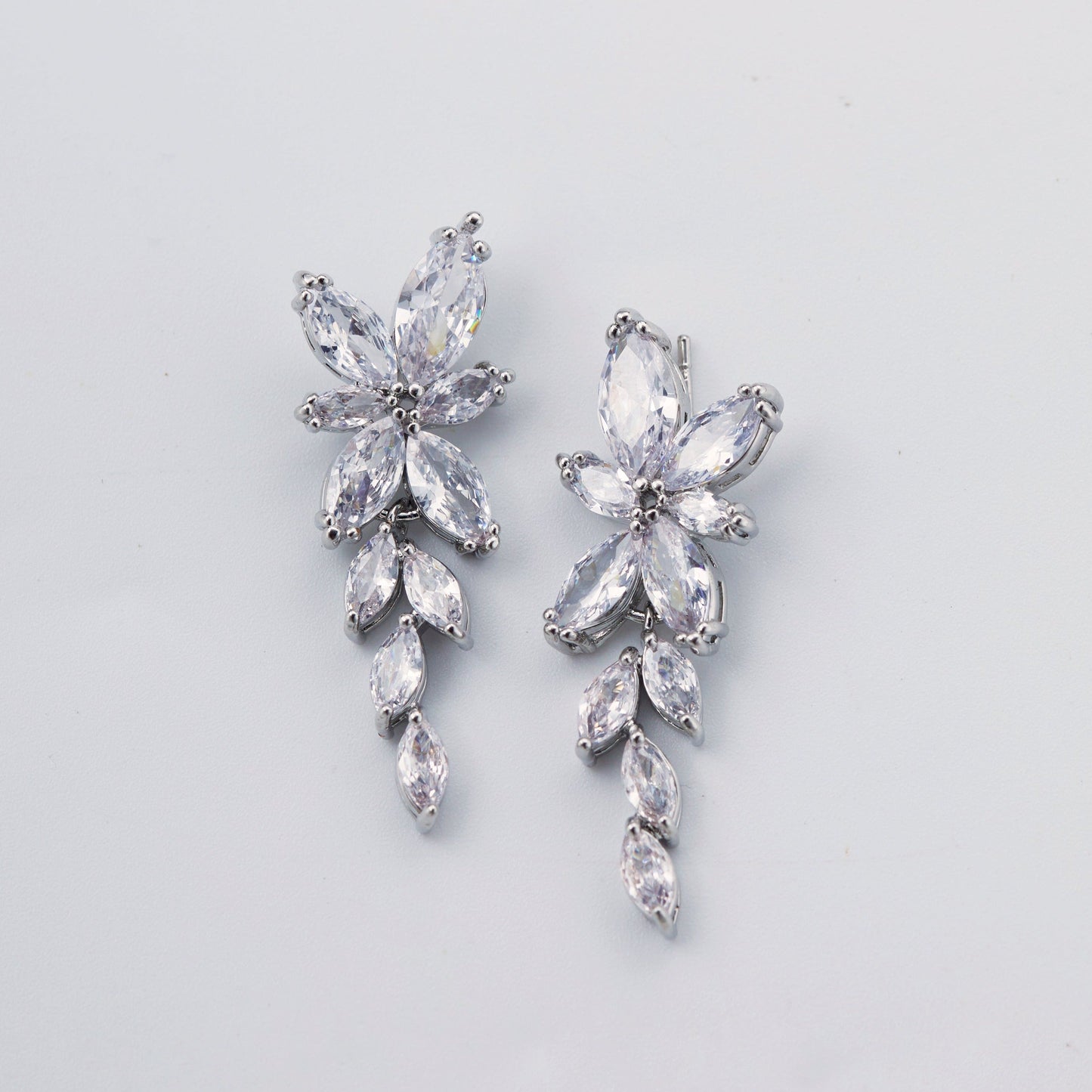 Silver Floral Crystal Drop Earrings